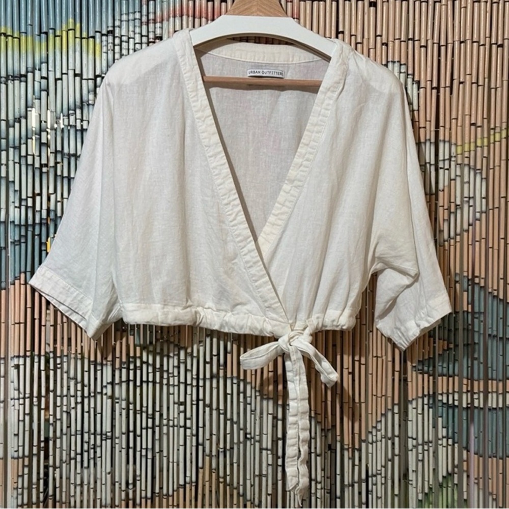 Urban Outfitters Cream V Neck Tie Waist Crop Blouse